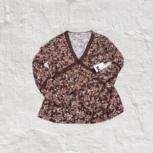So Goods For Life Blouse Women's L NWT Brown Boho Floral Lace Long Sleeve
